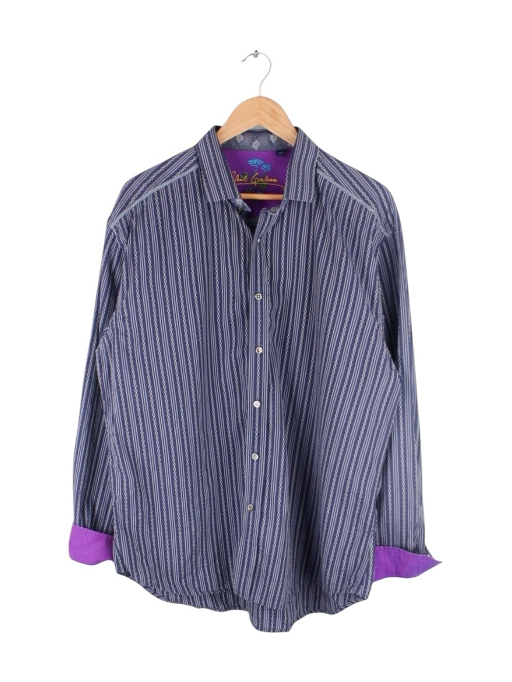 Robert Graham Button Up Shirt Striped Blue Purple‎ Flip Cuff Men's Size 2XL
